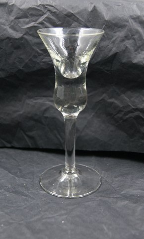 Bell glasses (Klokkeglas) by Holmegaard glasworks, Denmark. Schnapps glasses, clear 14.5cm & 14.8cm
