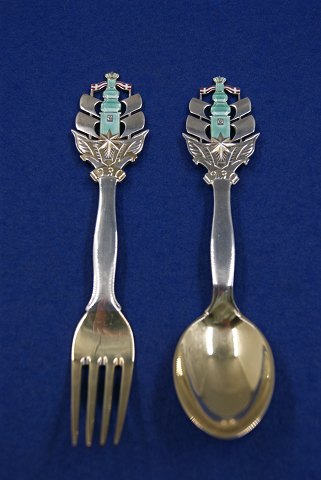 Michelsen Set Weihnachtslöffel und Gabel 1930 aus dänisch vergoldet Sterling Silber.