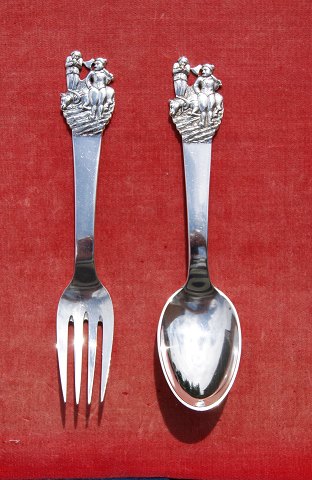 Little Claus and Big Claus set child's spoon and child's fork of Danish solid silver