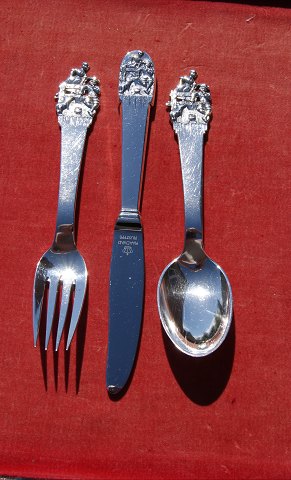 The swineherd children's cutlery of Danish solid silver. Set spoon, knife & fork