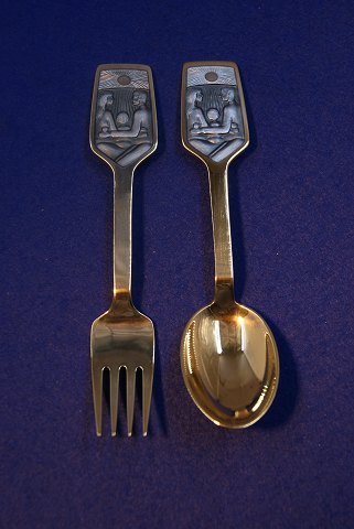Michelsen set Christmas spoon and fork 1973 of Danish gilt sterling silver