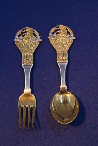 Michelsen set Christmas spoon and fork 1924 of Danish gilt silver