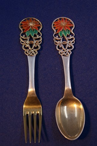 Michelsen set Christmas spoon and fork 1925 of Danish gilt silver