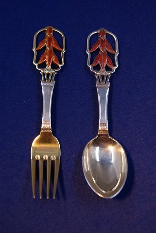 Michelsen set Christmas spoon and fork 1928 of Danish gilt sterling silver