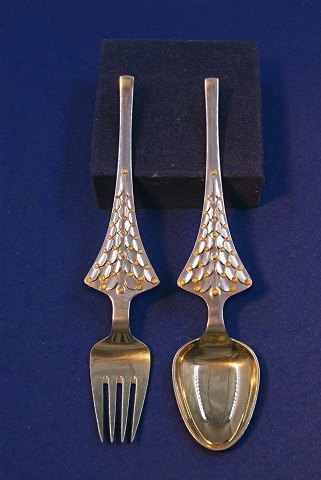 Michelsen set Christmas spoon and fork 1965 of Danish gilt sterling silver