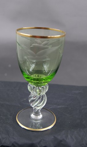 Mågeglas med guldkant, hvidvinsglas med grøn kumme 12,5cm