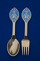 Michelsen Set Christmas spoon and fork 1984 of Danish gilt sterling silver