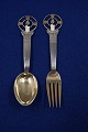 Michelsen set Christmas spoon and fork 1936 of Danish partial gilt silver