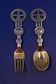 Michelsen set Christmas spoon and fork 1920 of Danish gilt sterling silver
