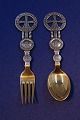 Michelsen set Christmas spoon and fork 1920 of Danish gilt sterling silver